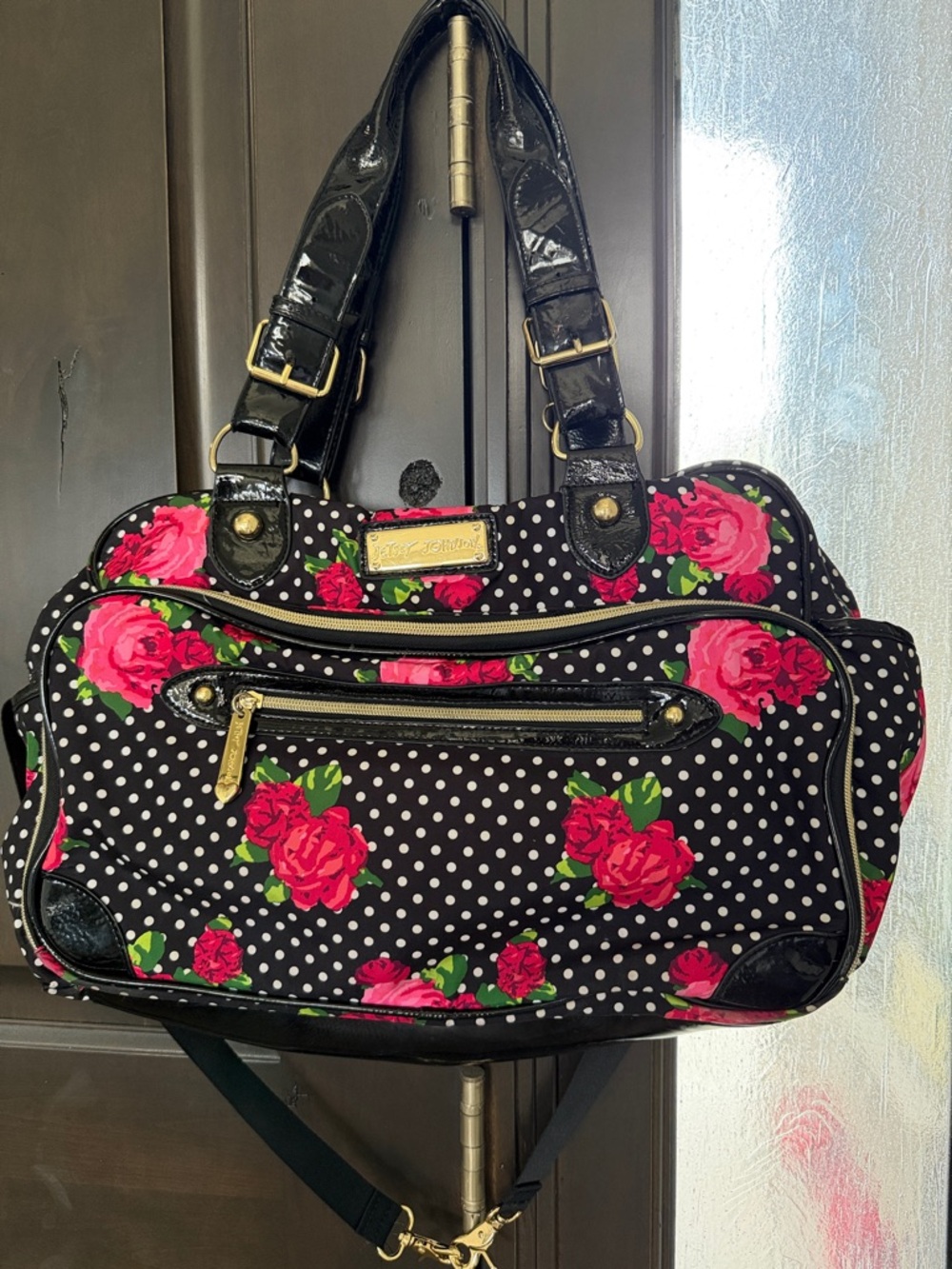 Betsey Johnson Black Polka Dot Floral Duffel Bag with Pink Roses 19” x 12” x 6”